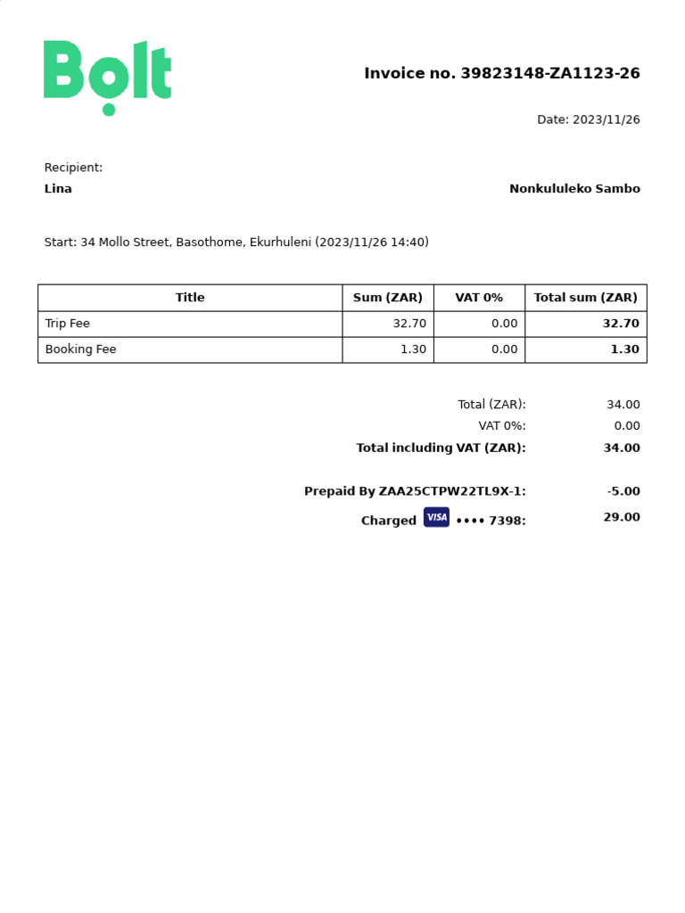Bolt Invoice for Trip on 2023/11/26 | PDF