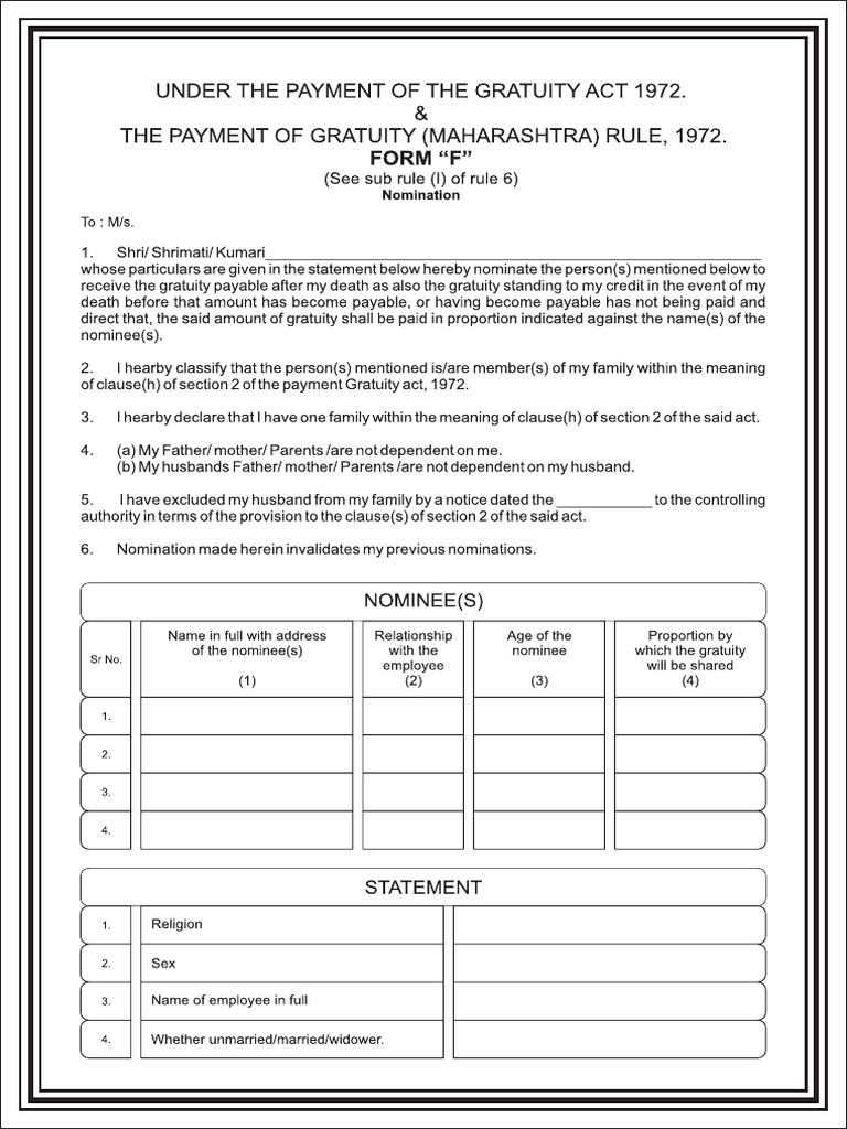 Form F for Gratuity PDF