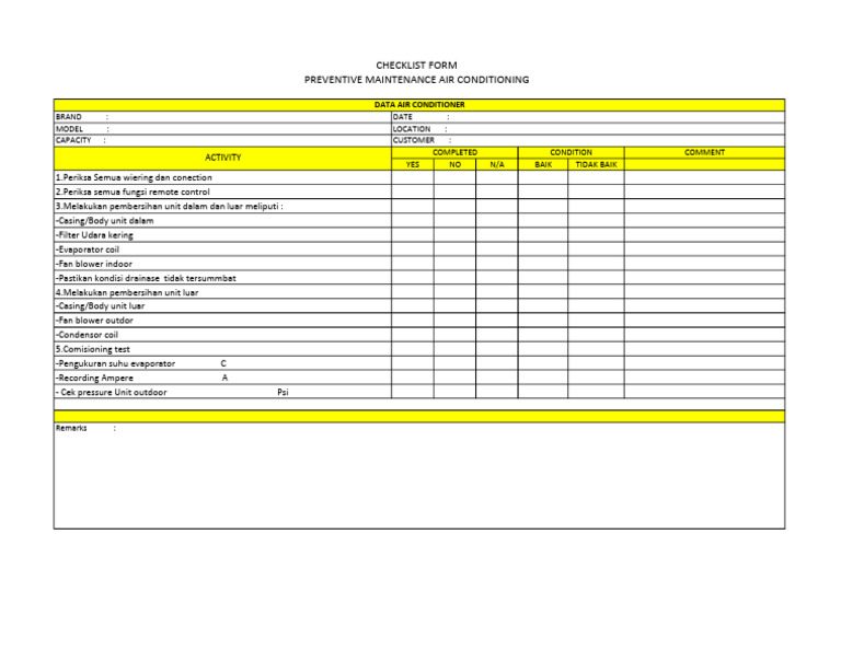 Checklist Form Hvac PDF