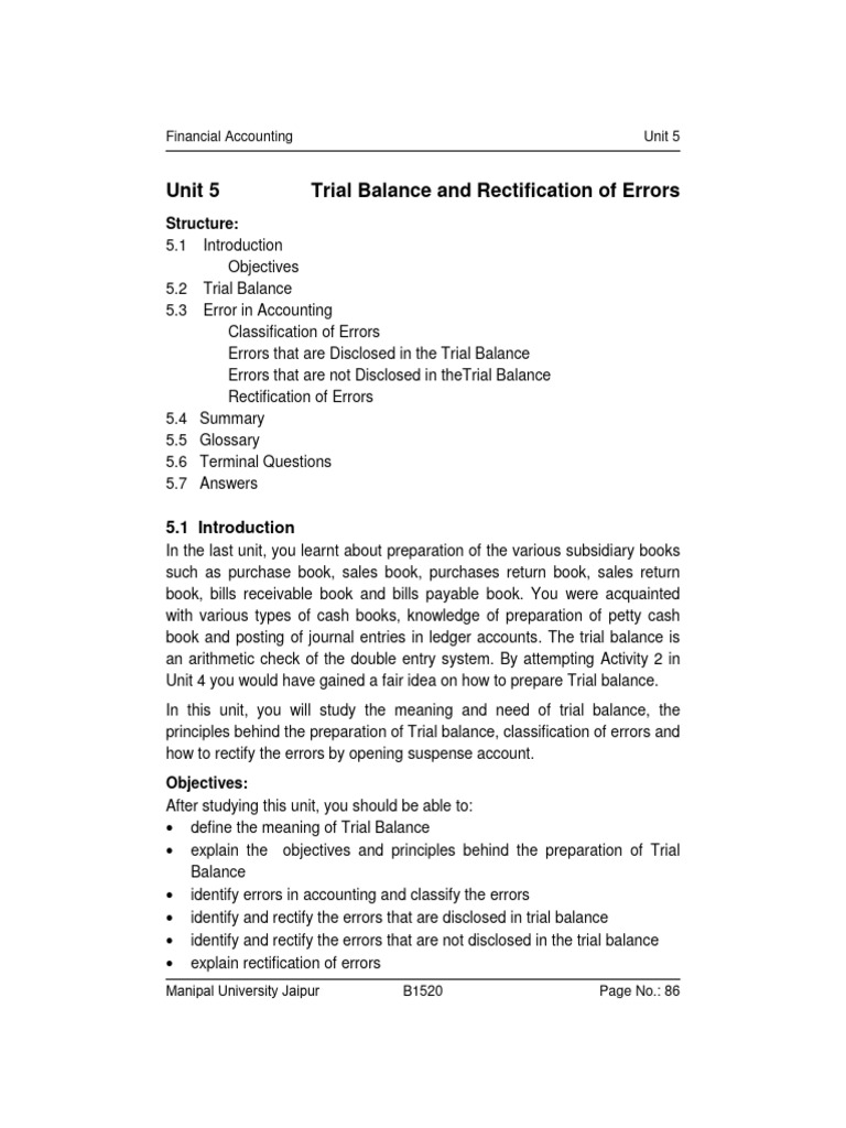 Unit 5-Trial Balance and Rectification of Errors | PDF | Debits And ...