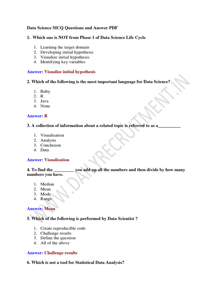 Data Science MCQ Questions and Answer PDF | PDF | Data | Data Analysis