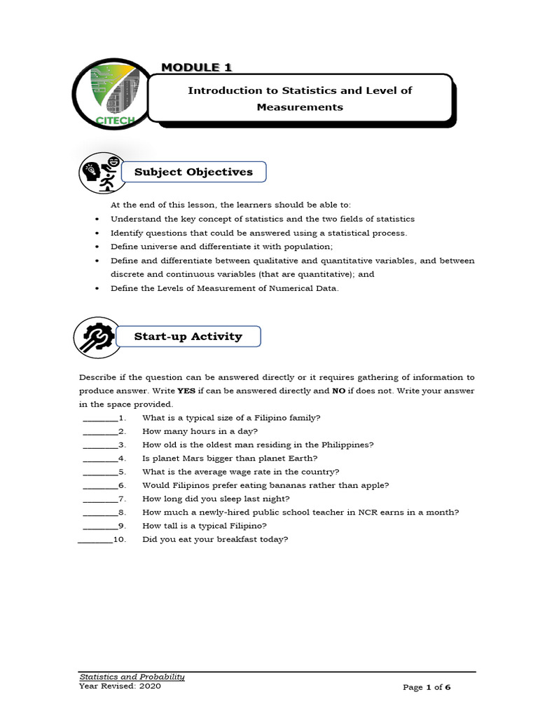 Week 1 intro to statistics and level of measurement pdf statistics
