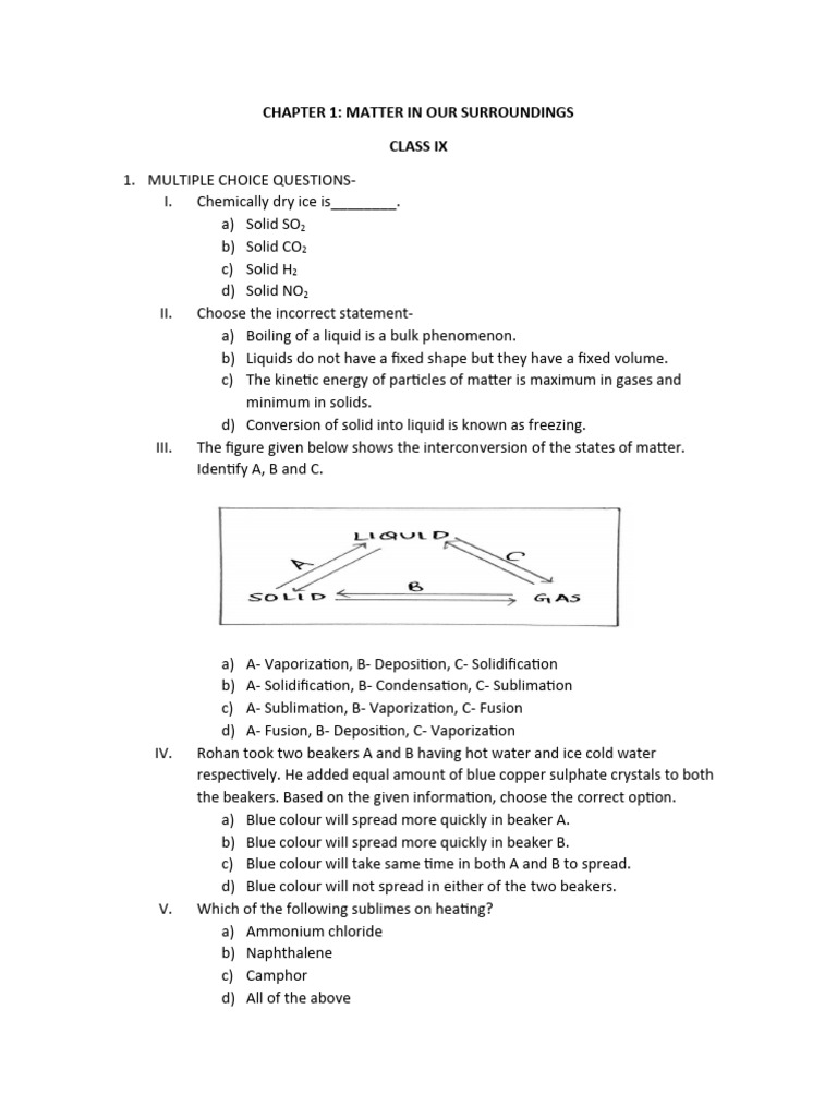 Worksheet Matter in Our Surroundings Class 9 PDF Evaporation Water