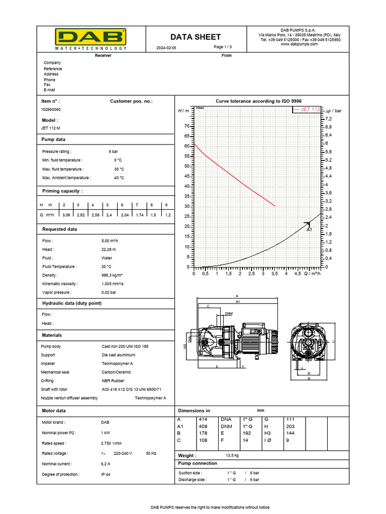 DAB JET 112 M Pump Data Sheet | PDF | Pump | Chemical Engineering