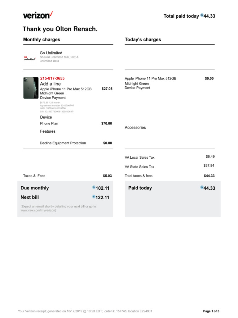 Your Verizon Receipt PDF Receipt Fee