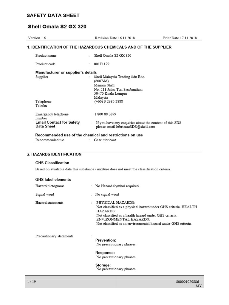 Shell Omala S2 GX 320 Safety Data Sheet | PDF | Dangerous Goods | Toxicity