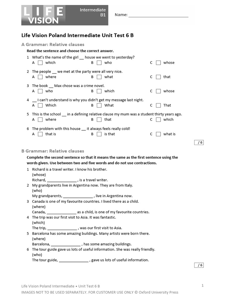 Life Vision Poland Unit Test 6 B | PDF