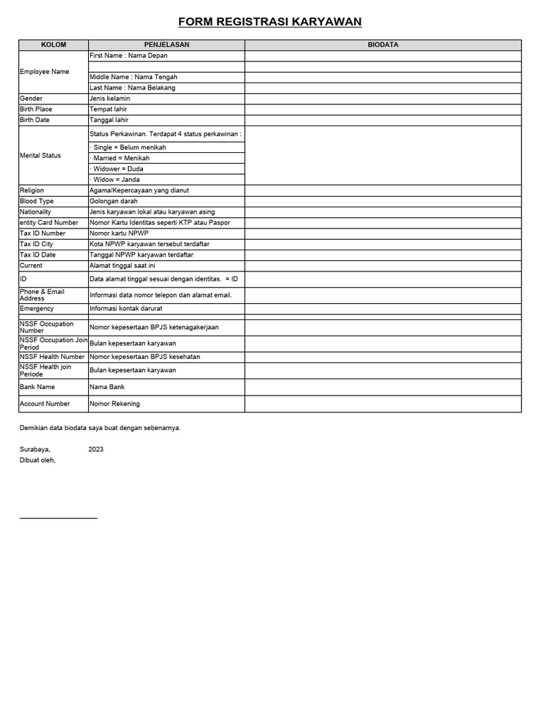 Formulir Registrasi Karyawan Baru | PDF