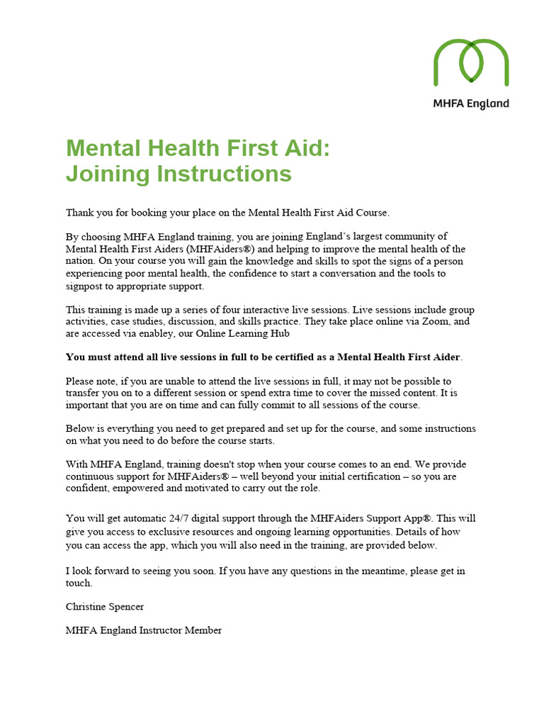 Mental Health First Aider Joining Instructions 22nd To 24th May 23 (17514)  | PDF | Http Cookie | Mobile App