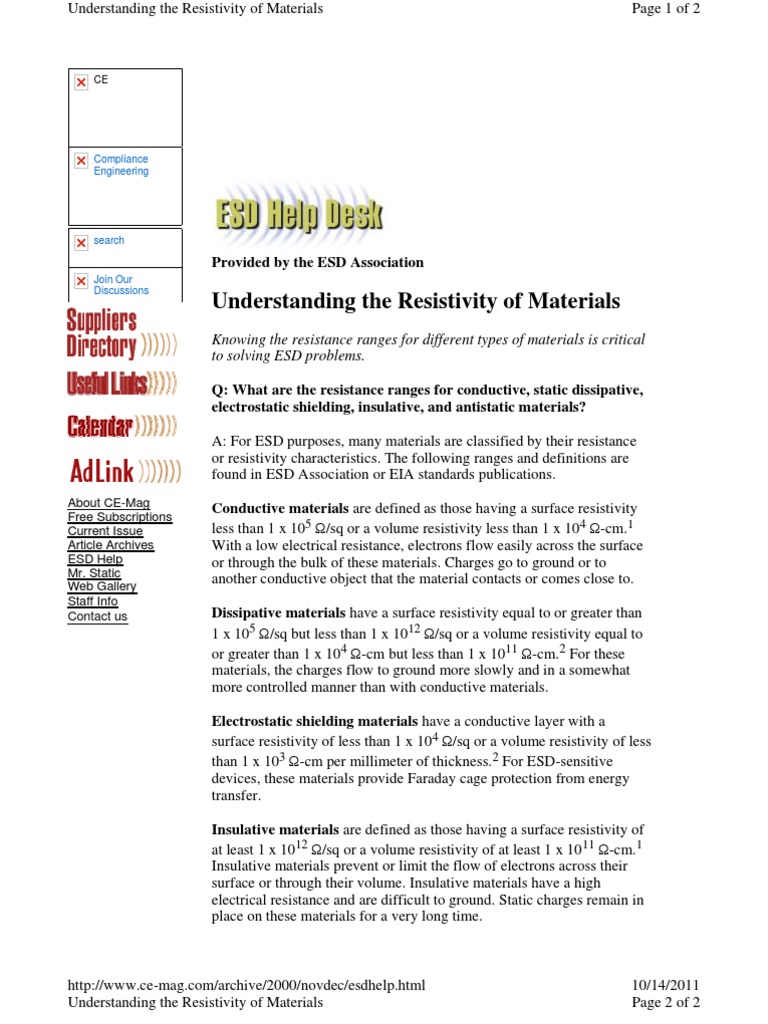 ESD Resistance Material Guide | PDF | Electrostatic Discharge ...