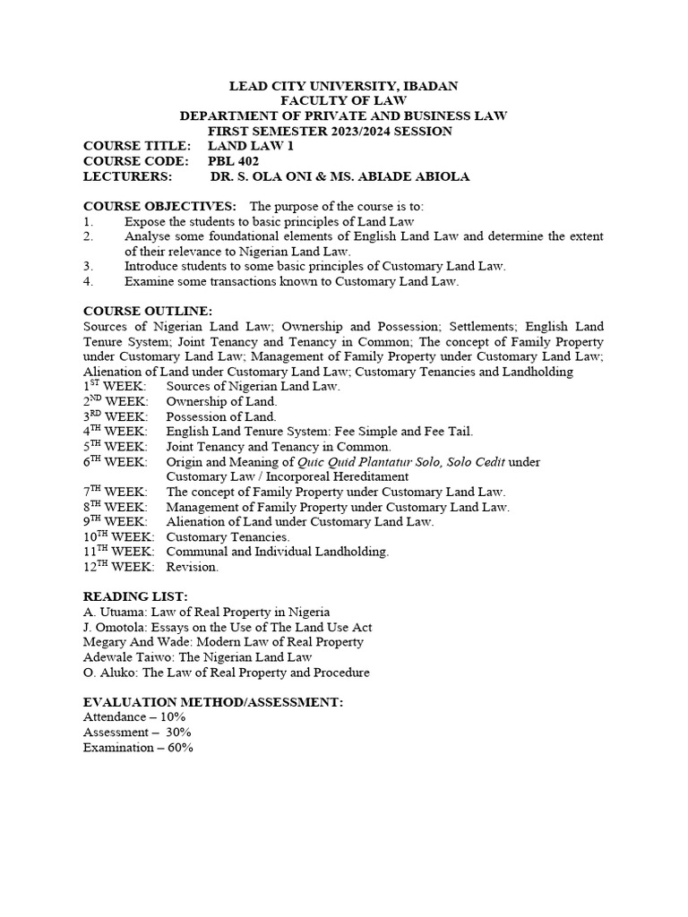 Land Law 1 Course Overview 2023/2024 | PDF | Leasehold Estate | Inheritance