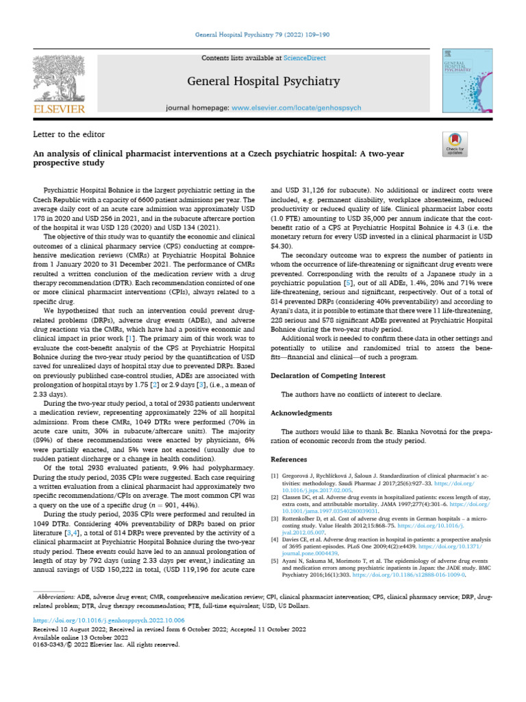 Clinical Pharmacy Impact in Czech Psychiatry | PDF | Pharmacy | Psychiatry