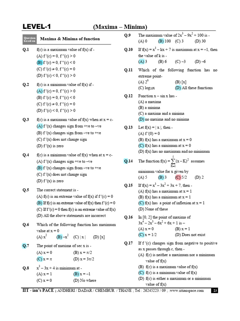 Maxima and Minima Practice Questions | PDF | Mathematical Relations ...