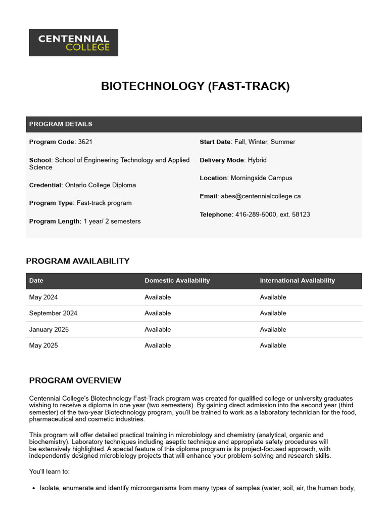 Biotechnology (Fast Track) Centennial College PDF Professional