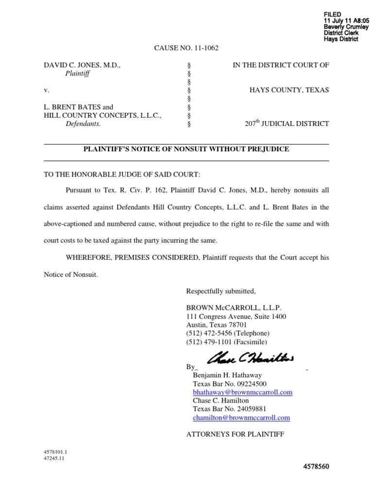 Jones Bates Plaintiff's Notice of Nonsuit Without Prejudice (Filed