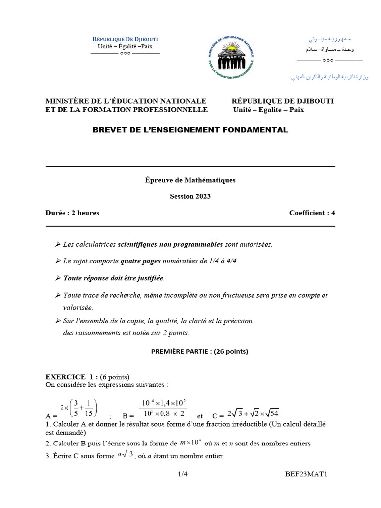 Épreuve de Mathématiques BEF 2023 | PDF | Mathématiques | Mathématiques ...