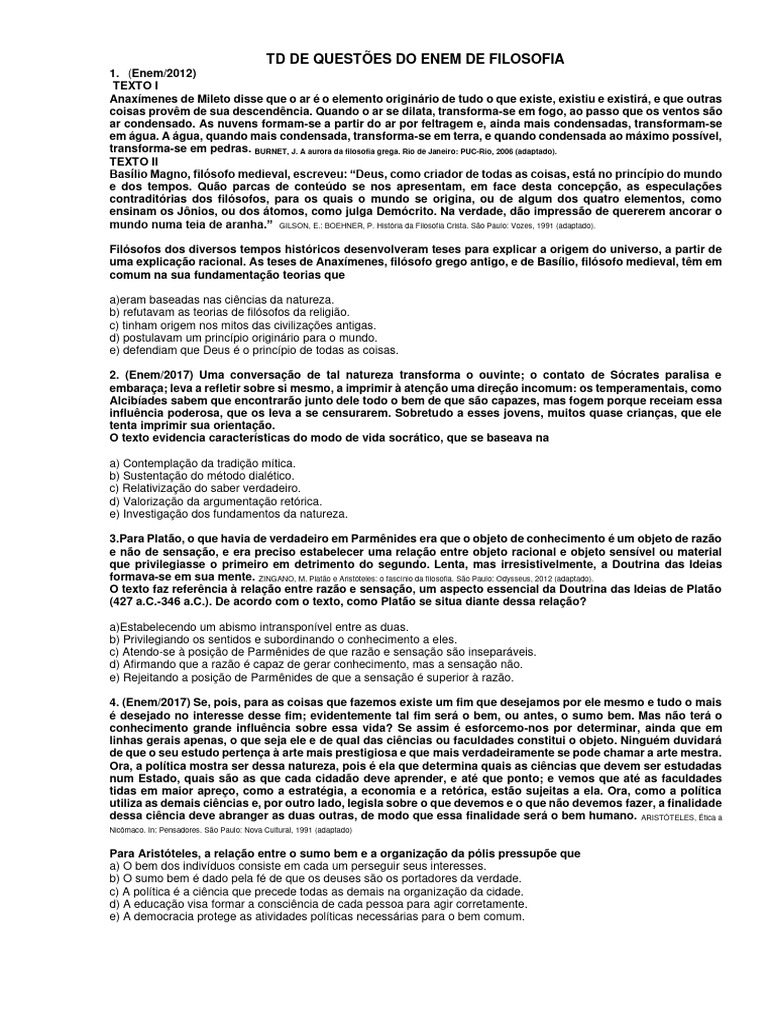 Questões de Filosofia para o ENEM | PDF | Immanuel Kant | Aristóteles