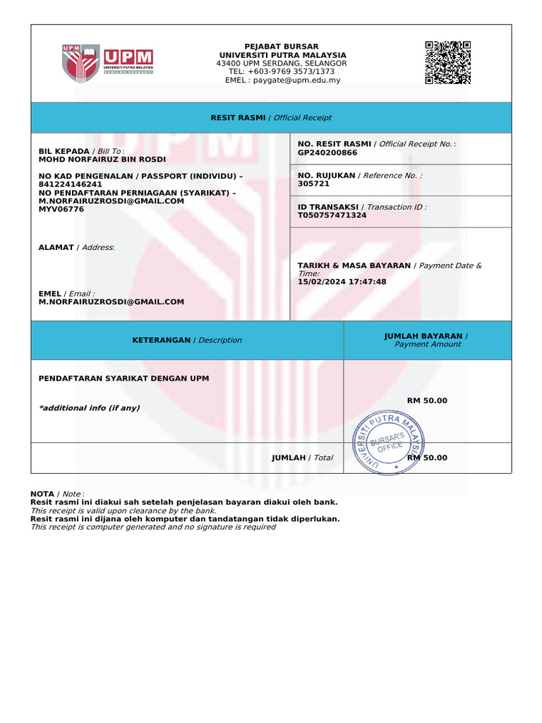 Resit Pembayaran Yuran UPM | PDF