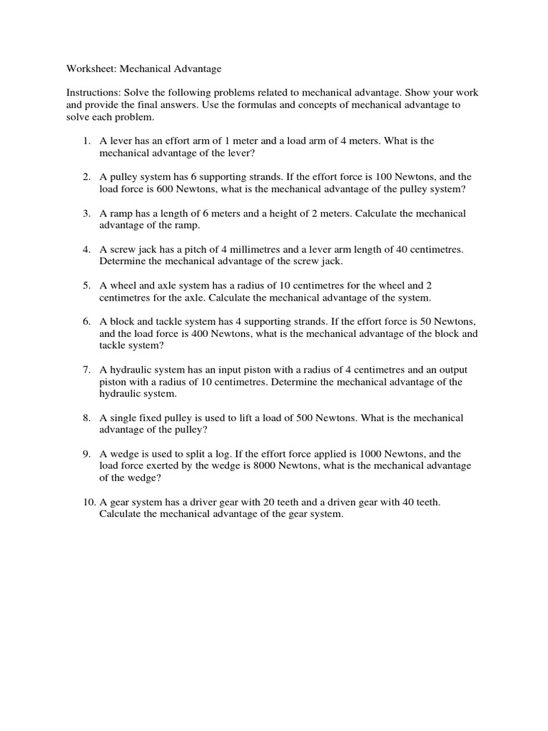13 Mechanical Advantage Worksheet PDF