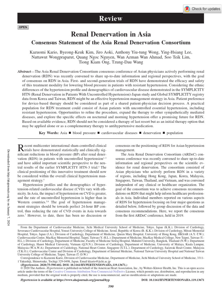 Kario Et Al 2020 Renal Denervation in Asia | PDF | Hypertension | Blood ...