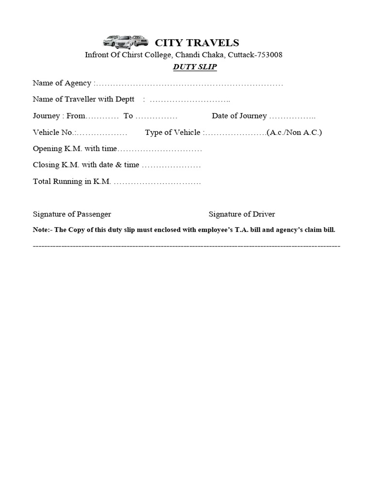 Duty Slip Format for Travel Agency | PDF | Business | Computers