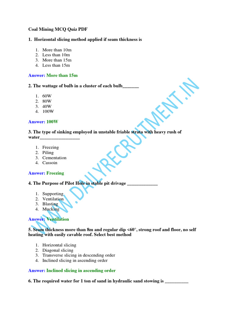 Coal Mining MCQ Quiz and Answers | PDF | Coal Mining | Heavy Industry