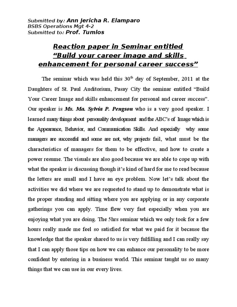 Reaction Paper In Seminar Entitled Build Your Career Image And Skills Enhancement For Personal Career Success Pdf Psychology Behavioural Sciences