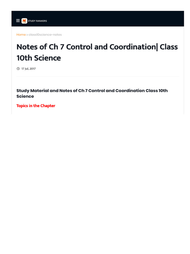 Class 10 Control and Coordination Notes | PDF | Nervous System ...