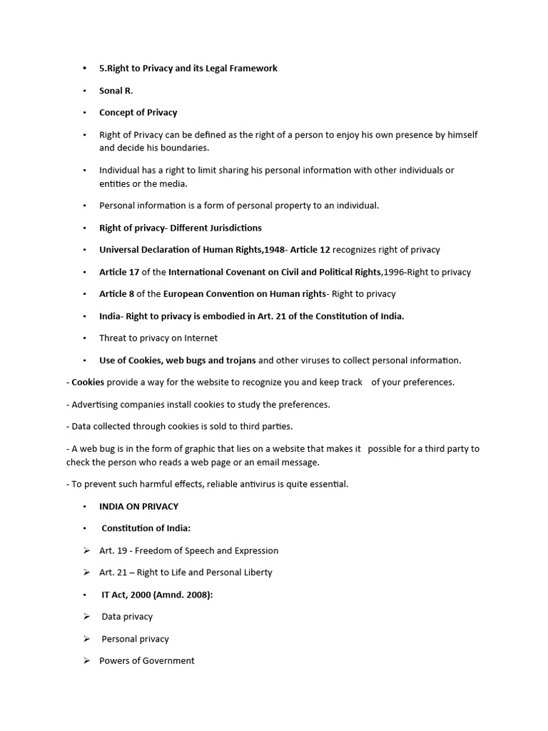Legal Framework of Privacy Rights | PDF | Privacy | Right To Privacy