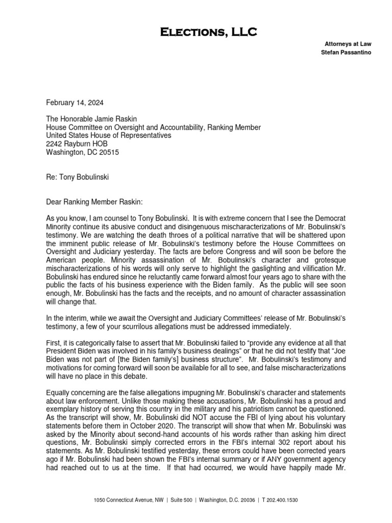 Tony Bobulinski Letter To Ranking Member Jamie Raskin | PDF | Testimony ...