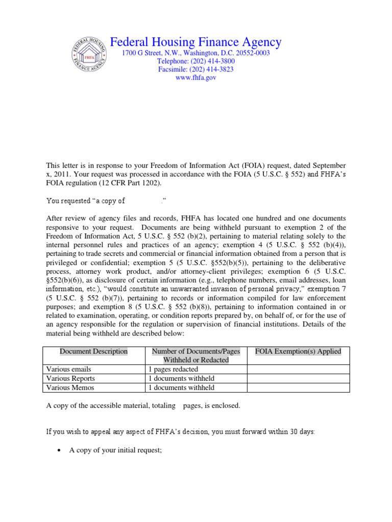 FHFA FOIA Response Summary | PDF | Freedom Of Information Act (United ...