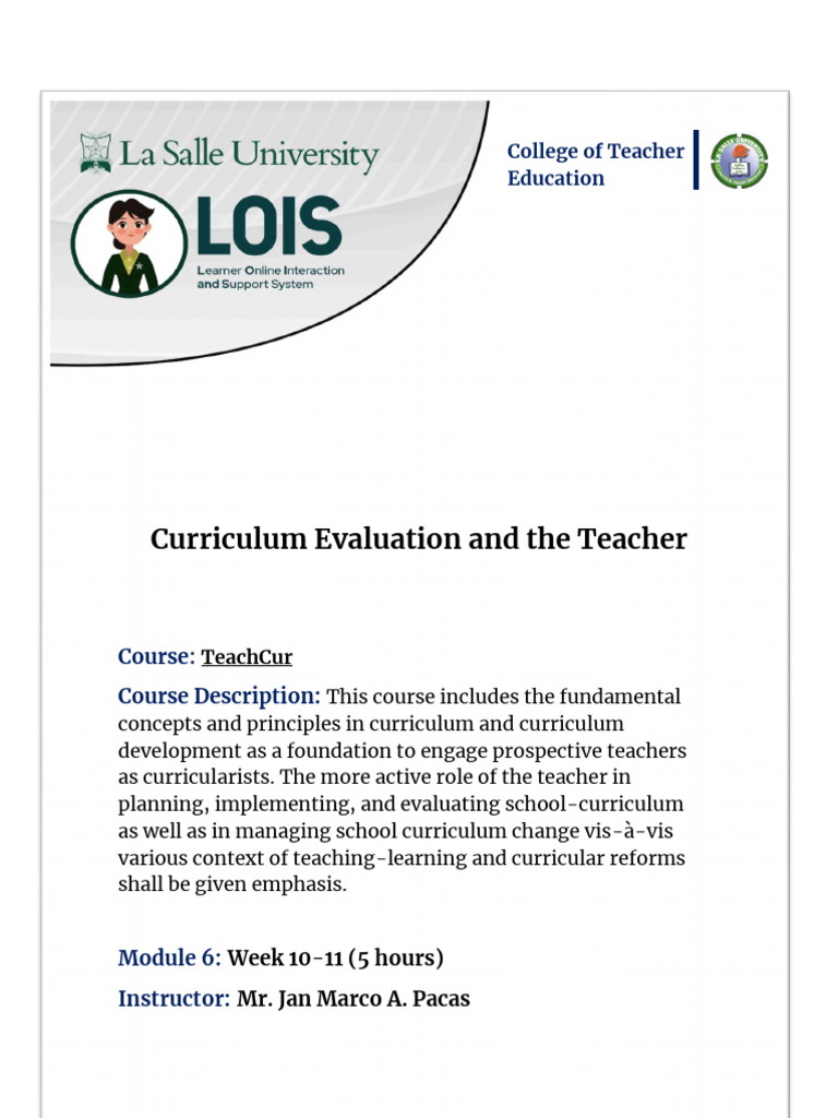 Curriculum Evaluation for Teachers | PDF | Curriculum | Educational ...