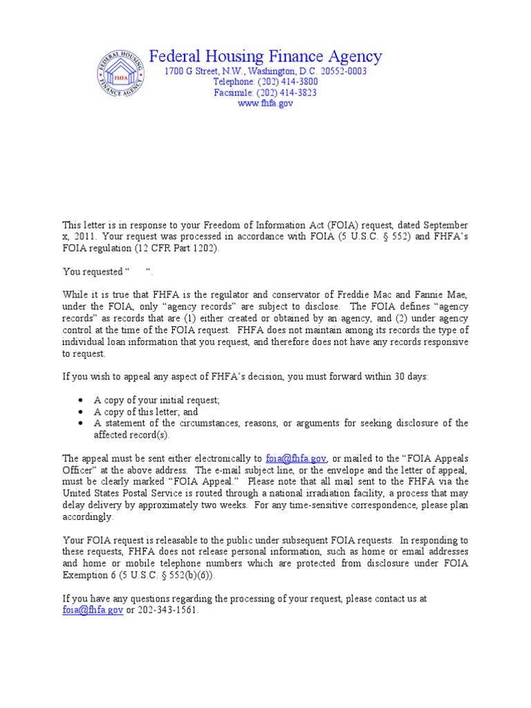 FHFA FOIA Request Response Letter | PDF