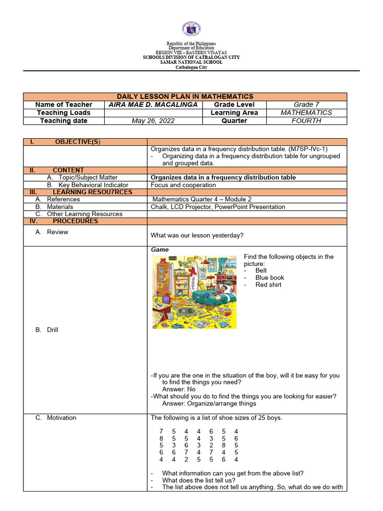 Grade 7 Frequency Distribution Lesson Plan | PDF
