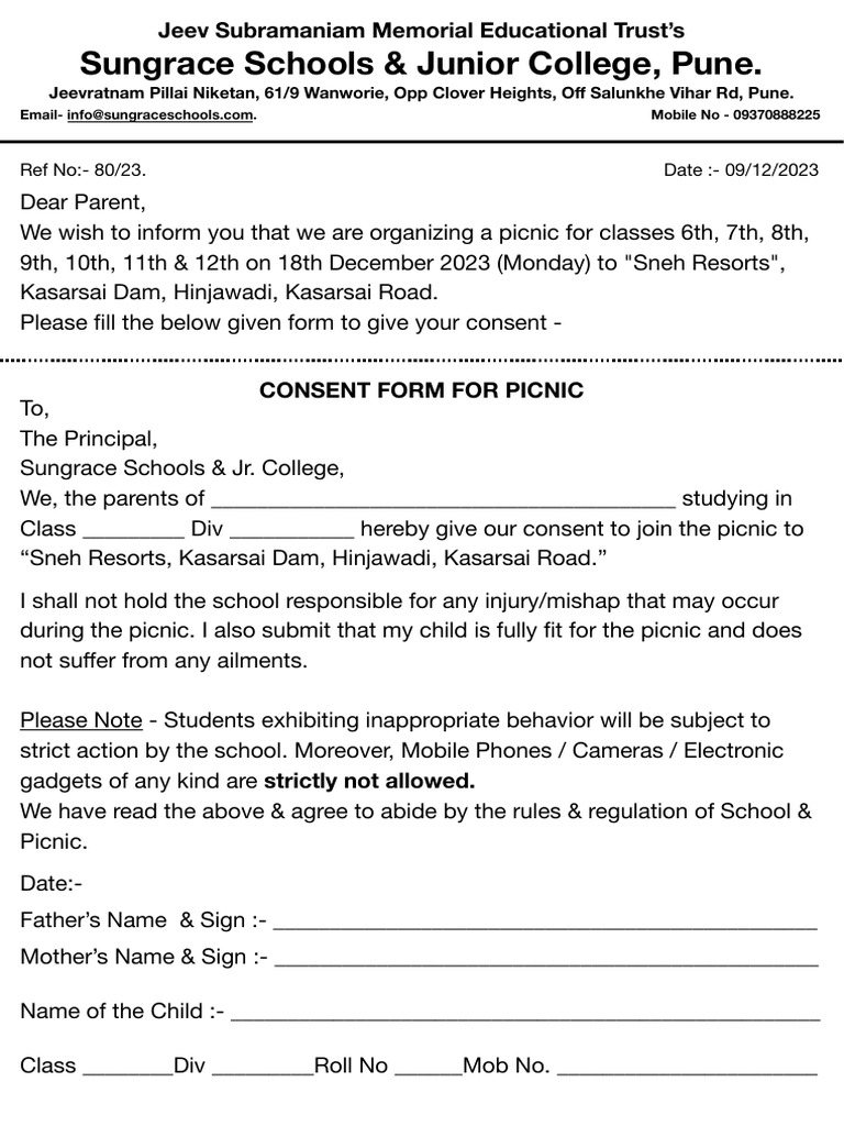 Parent Consent Form for School Picnic | PDF