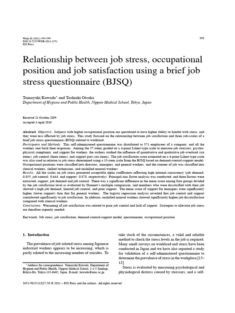Job Stress and Satisfaction Study in Japan | PDF | Occupational Stress ...