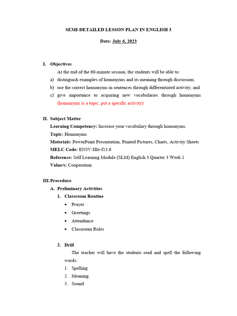 Homonyms Lesson Plan for Grade 3 | PDF | Lesson Plan | Orthography
