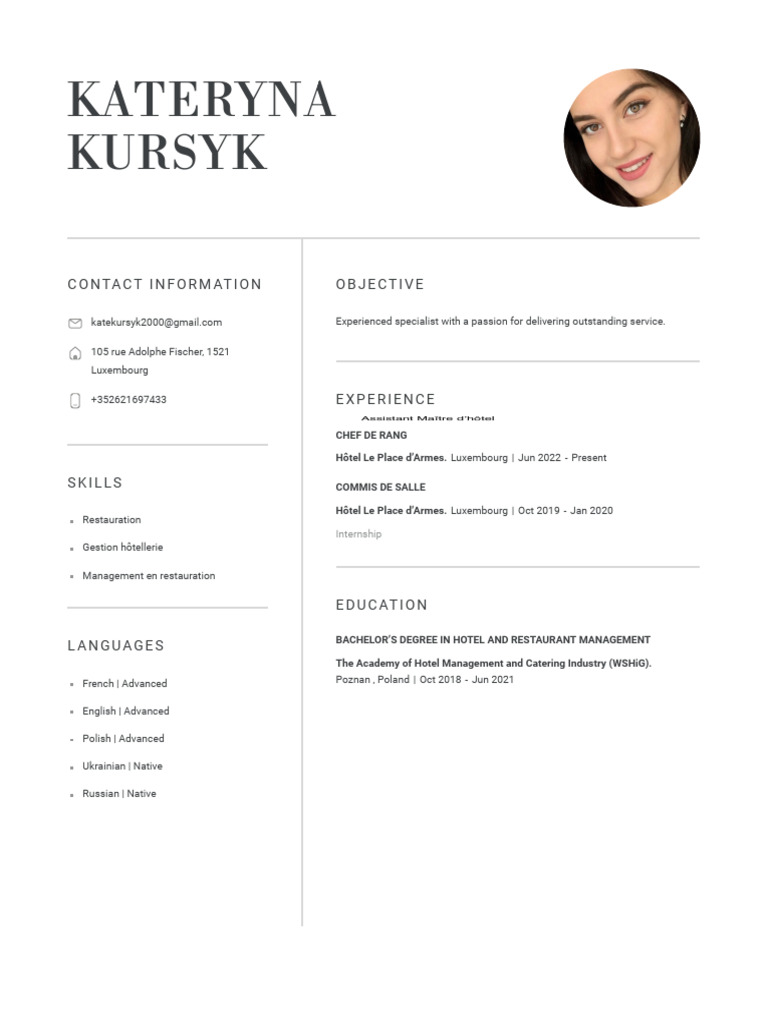 Kateryna Kursyk - Hospitality CV | PDF