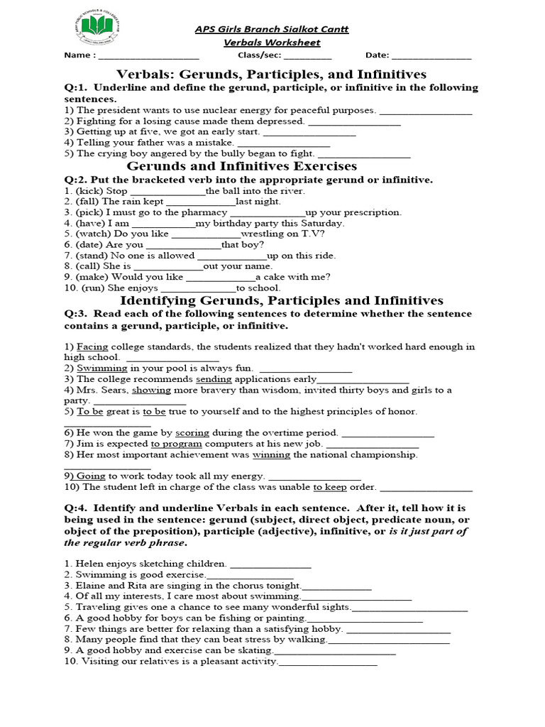 Verbals Worksheet PDF Languages Foreign Language Studies