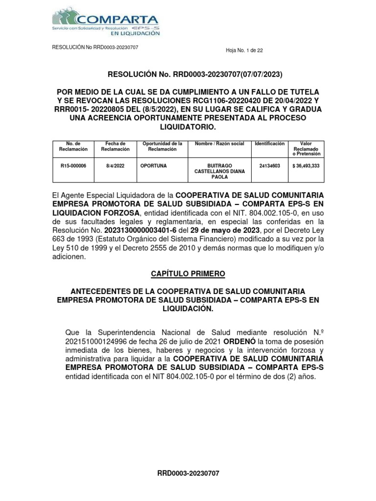 Resolución Comparta | PDF | Liquidación | Sentencia (ley)