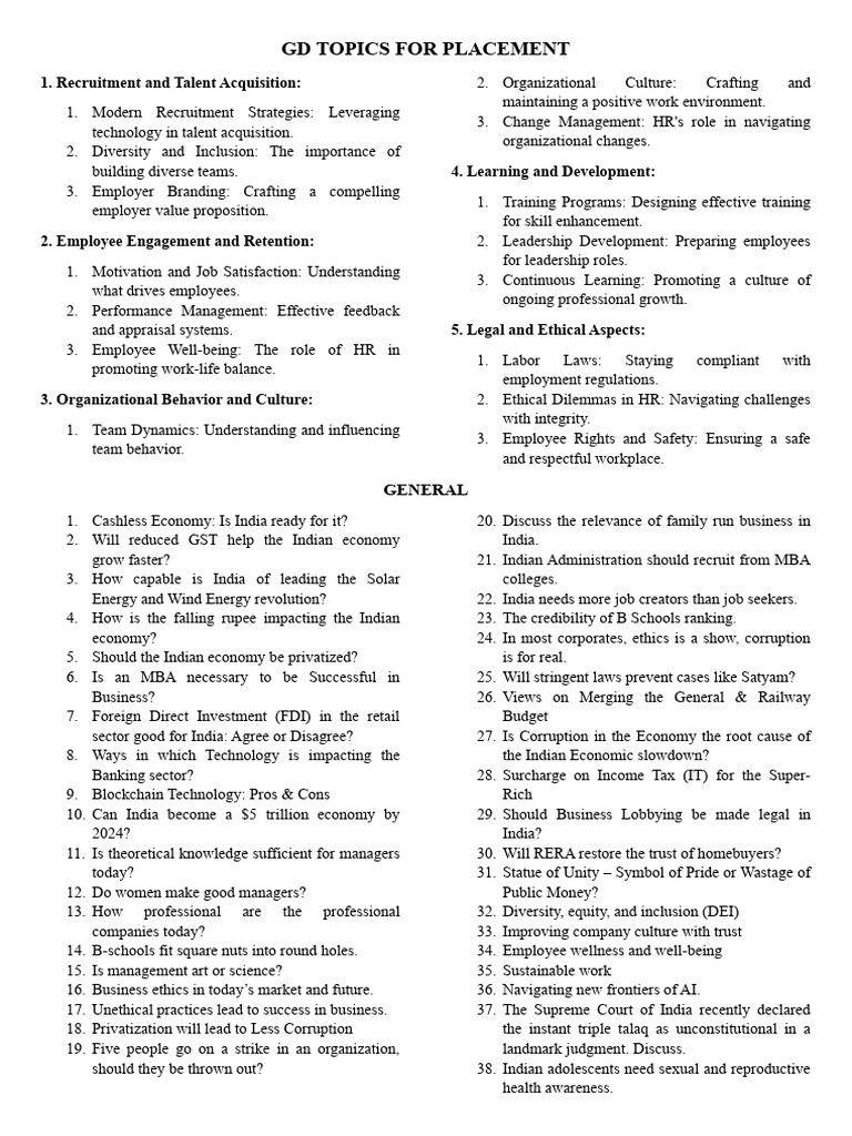 GD Topics - Placement | PDF | Employment | Recruitment