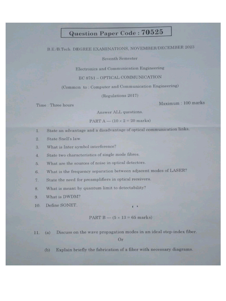 Optical Communication Question N-D 2023 | PDF
