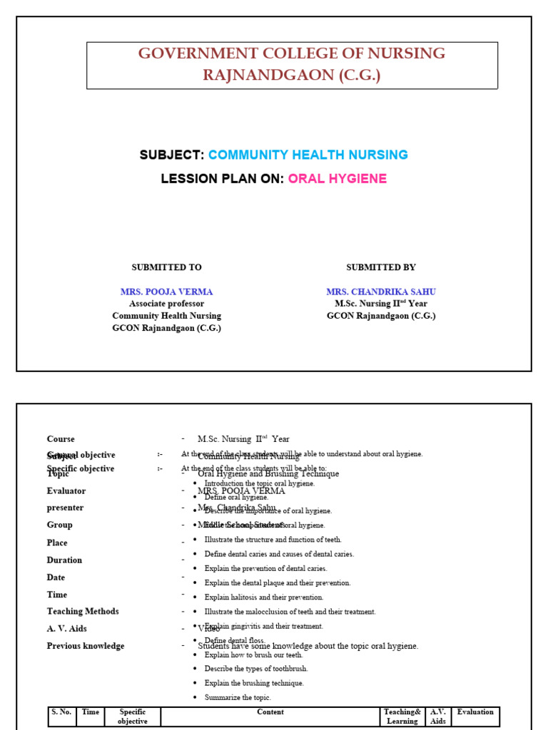 Oral Hygiene Lesson Plan for Nursing | PDF | Oral Hygiene | Toothbrush