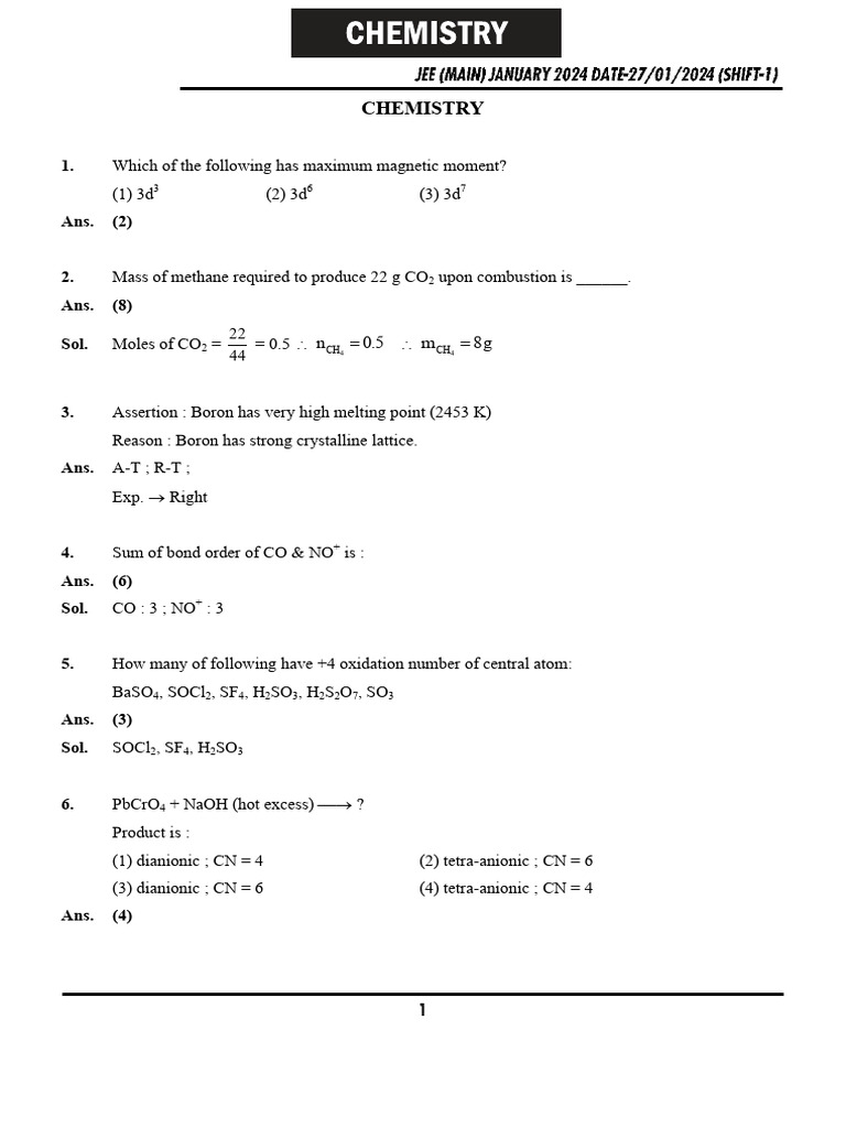 Jee main 27 jan 2024 shift 1 chemistry memory based paper solution