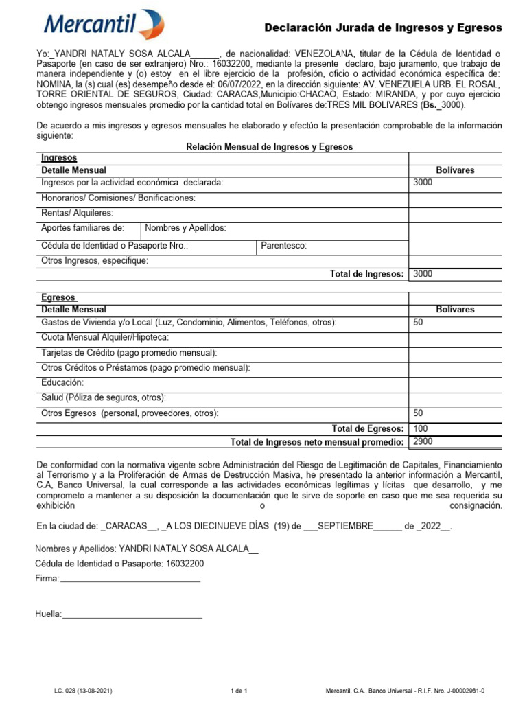 Declaración Jurada de Ingresos Mercantil | PDF