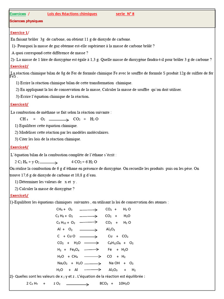 Exercices sur les Équations Chimiques | PDF | La combustion | Combustible