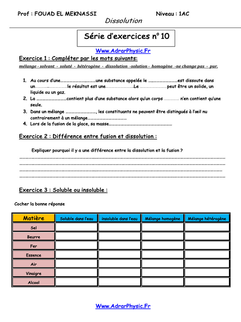 Exercices sur la dissolution et solubilité | PDF | Solvatation | Solubilité