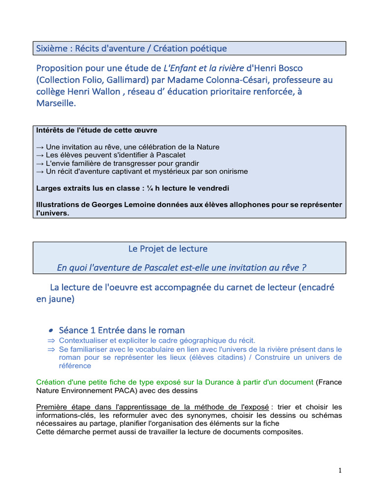 Étude de L'Enfant et la rivière 6ème | PDF | Rêve