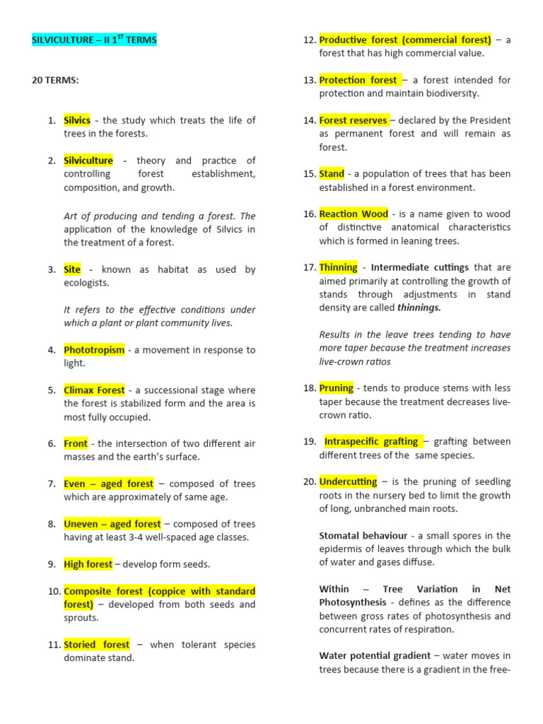 Silviculture - Ii 1ST Exam (Terms) | PDF | Forests | Trees
