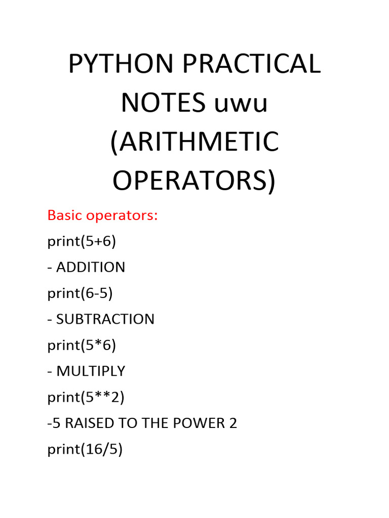 Python Practical Notes - Arithmetic Operators - Part 1 | PDF | Integer ...